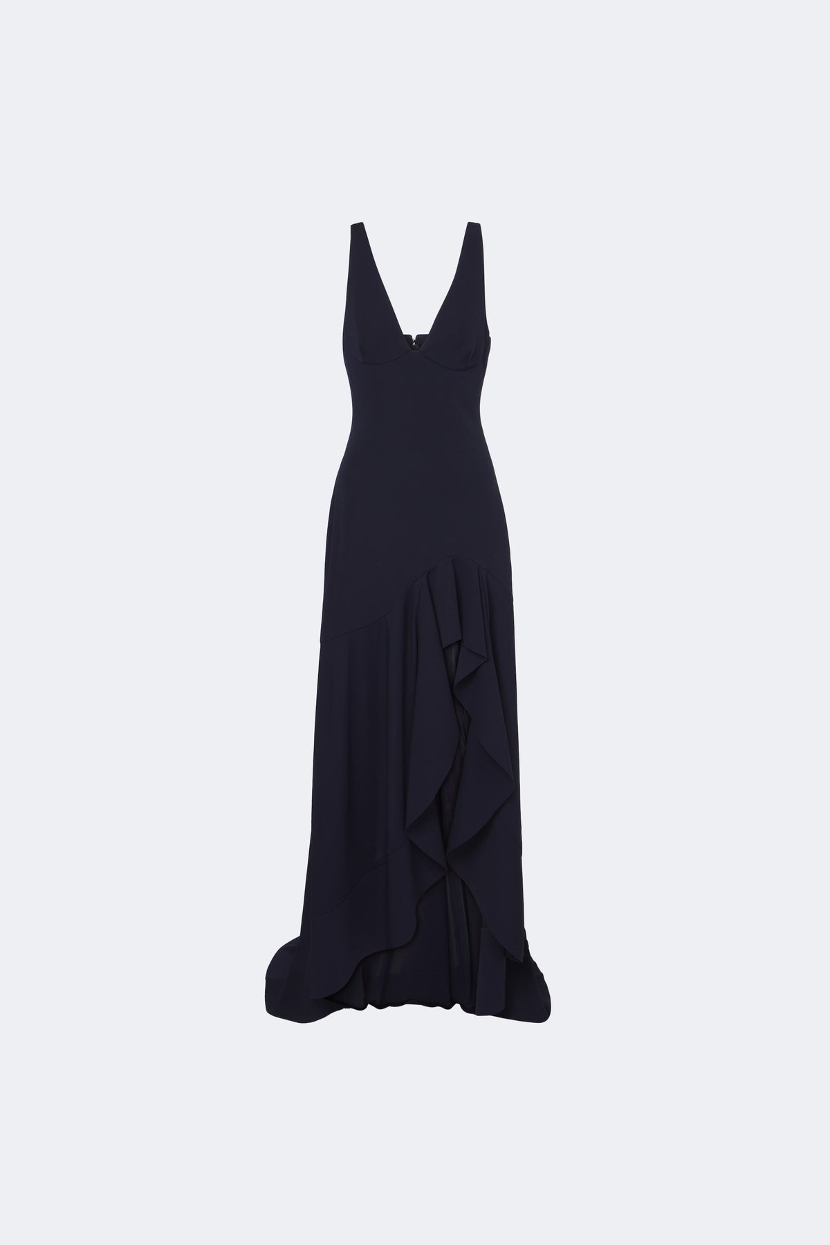 Front view of navy gown with ruffle hem detail.