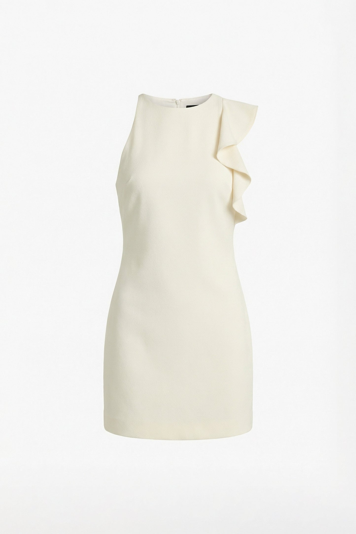 Cream dress with sleeveless ruffle shoulder detail, front view.