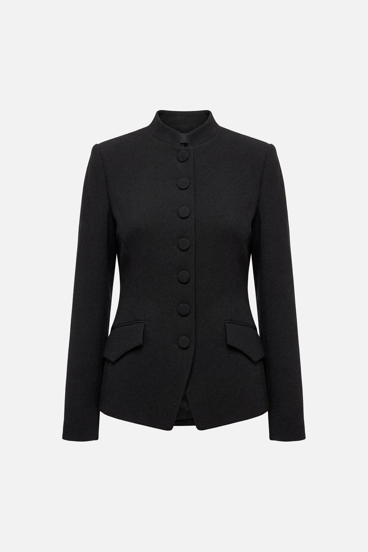 Front view of structured black blazer with round buttons and flap pockets.