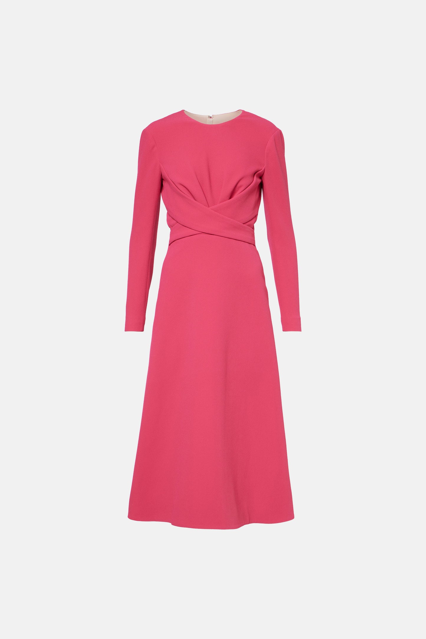 Front view of elegant fuchsia midi dress with long sleeves and twisted waist detail.