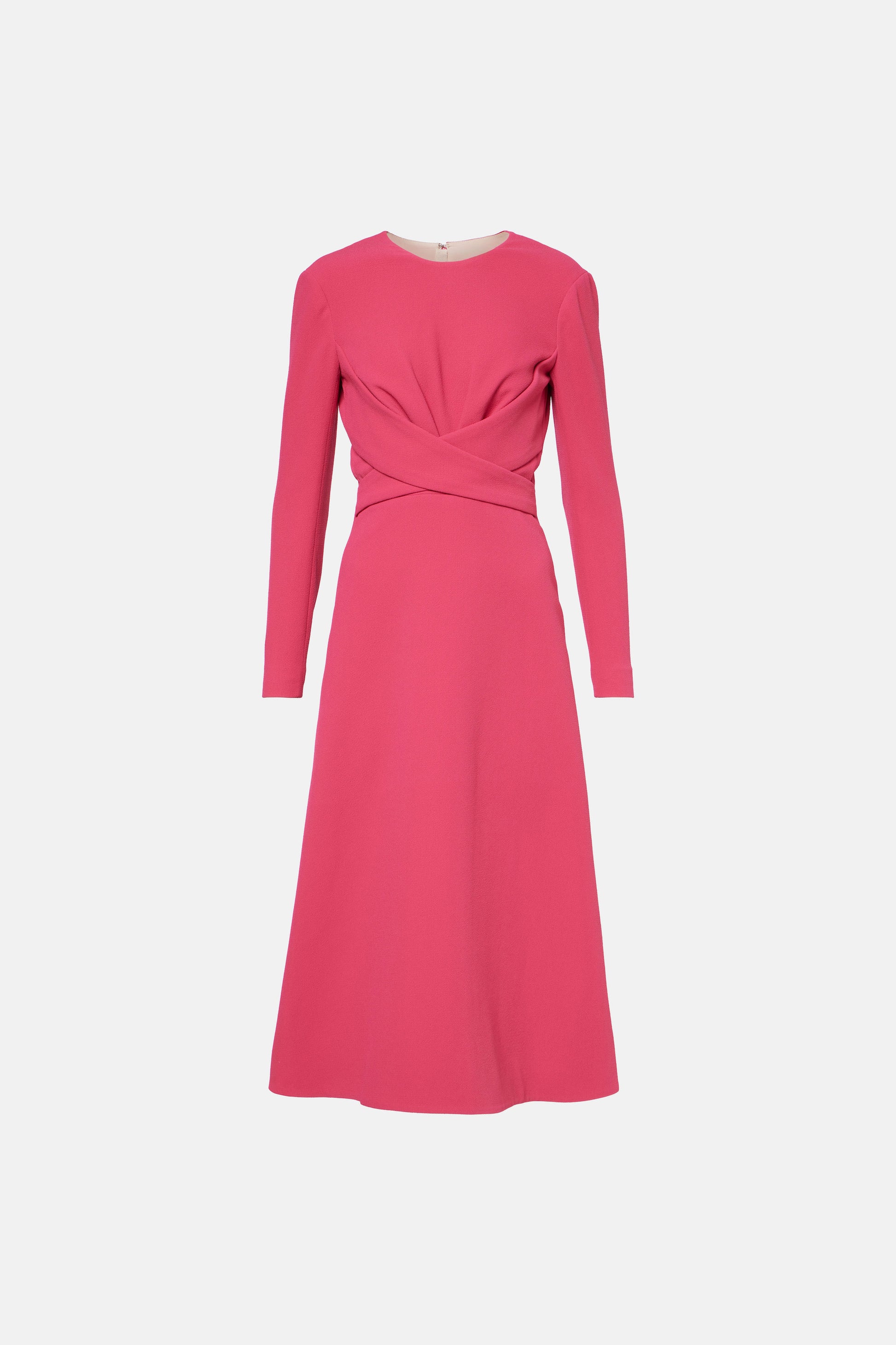 Front view of elegant fuchsia midi dress with long sleeves and twisted waist detail.