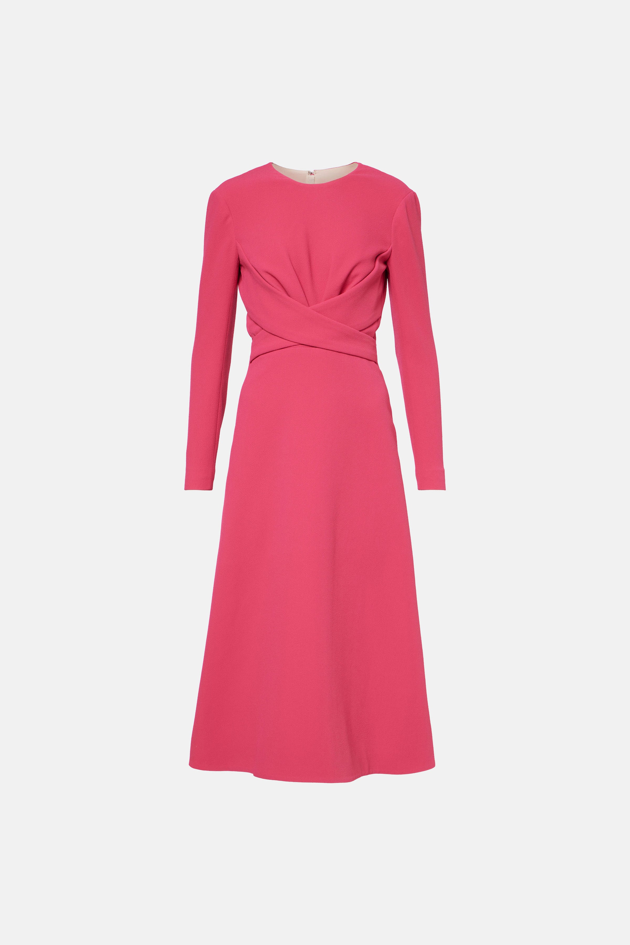 Front view of elegant fuchsia midi dress with long sleeves and twisted waist detail.