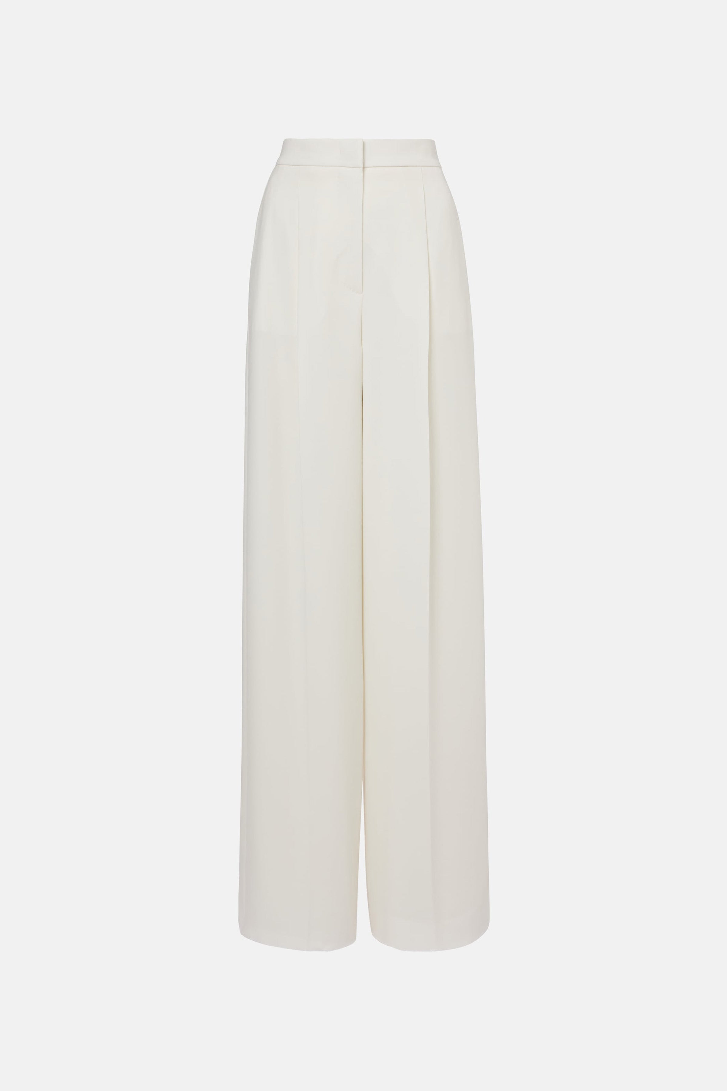 Front view of ivory wide-leg trousers, high waist, pleats visible, on white background.