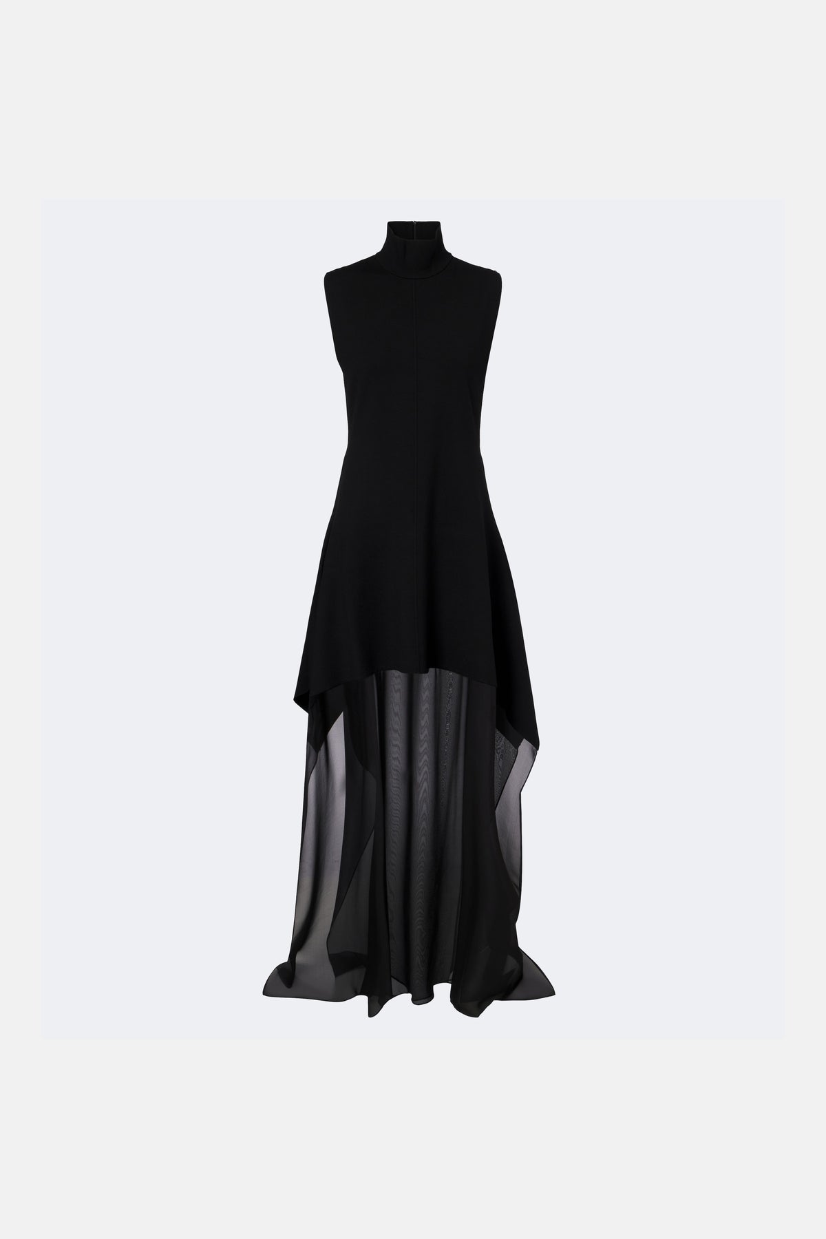 Front view of black dress with sheer overlay, high neckline, and flowing hem.
