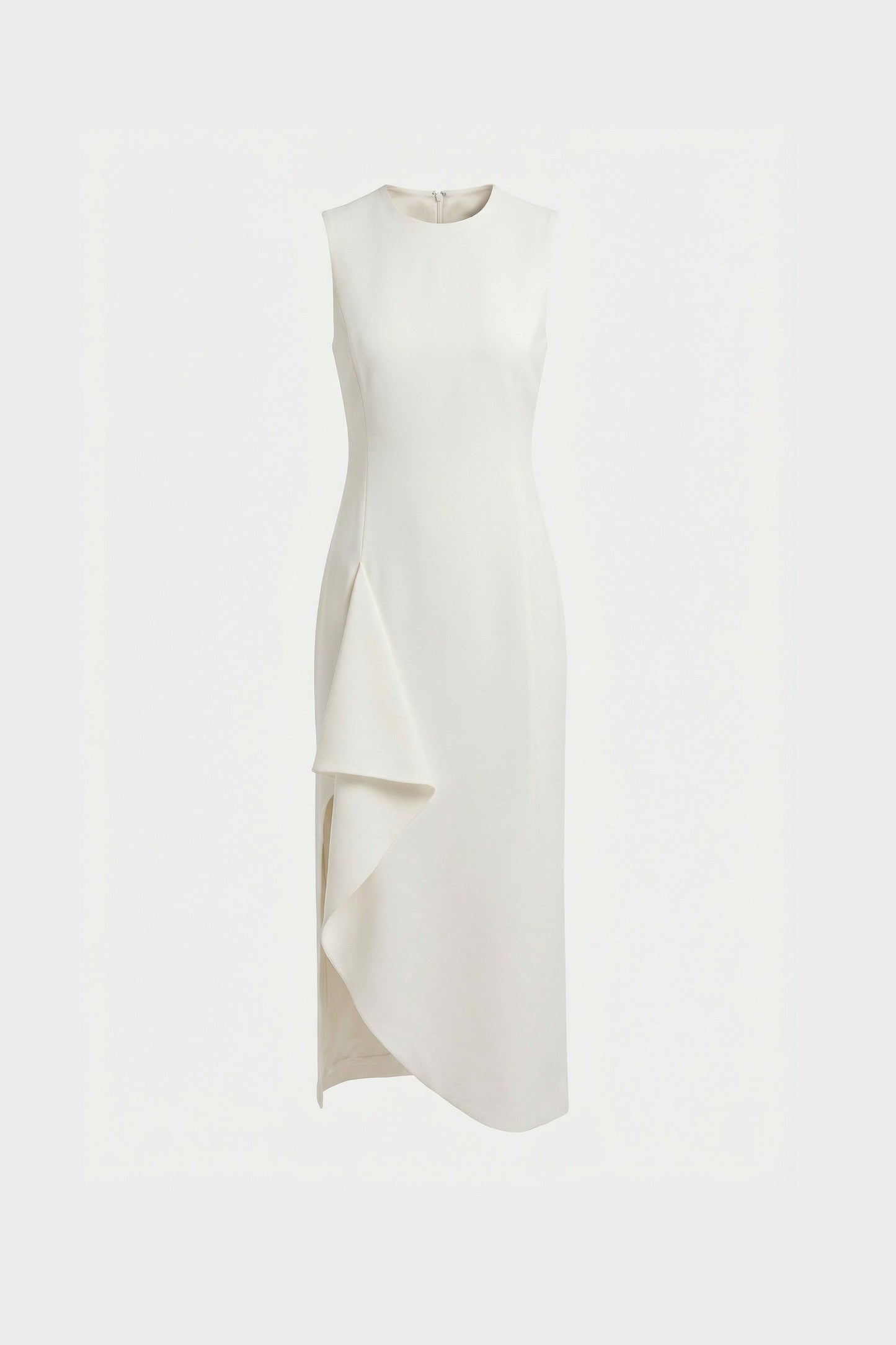 Front view of sleeveless asymmetrical white dress with elegant draped detail.