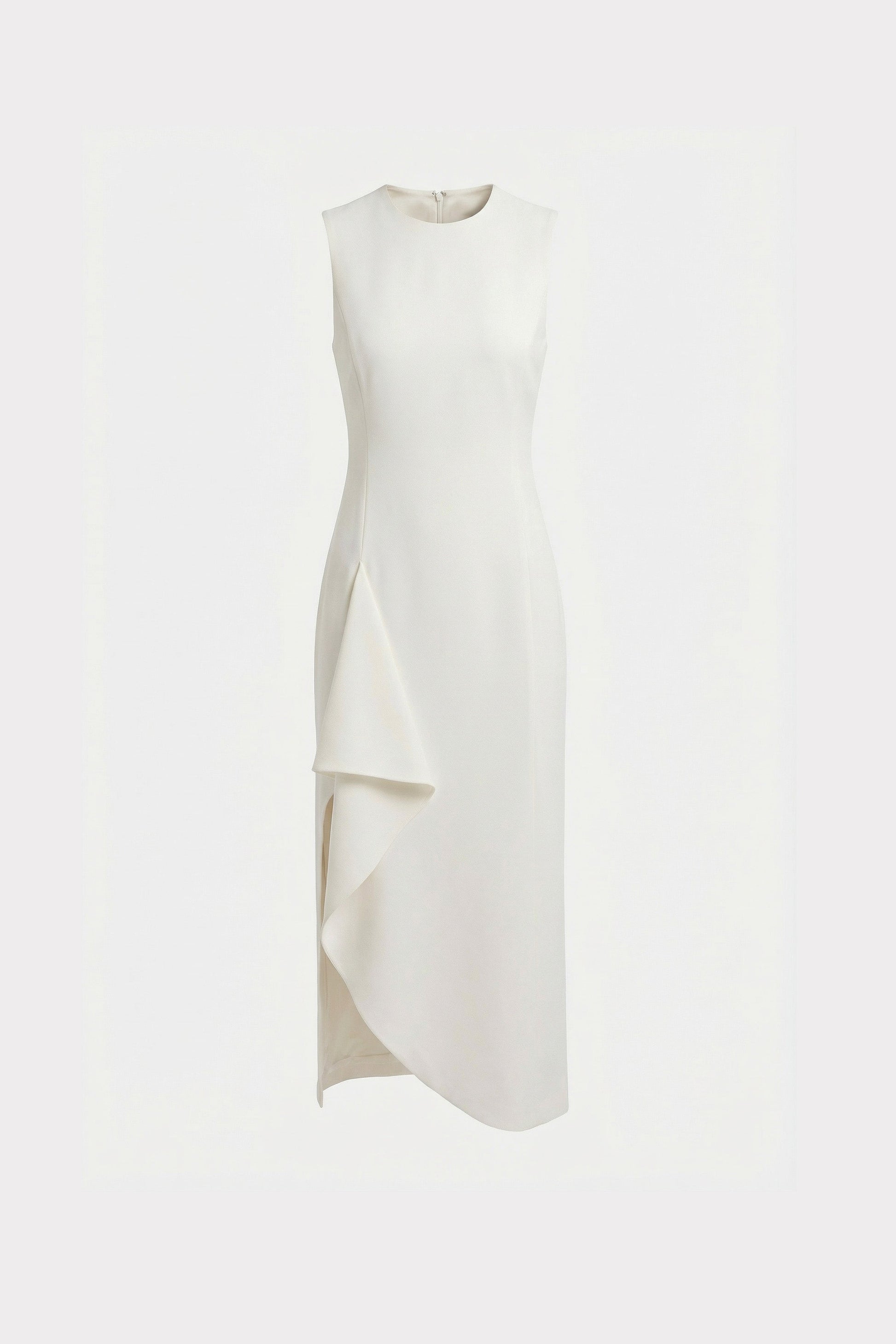 Front view of sleeveless asymmetrical white dress with elegant draped detail.