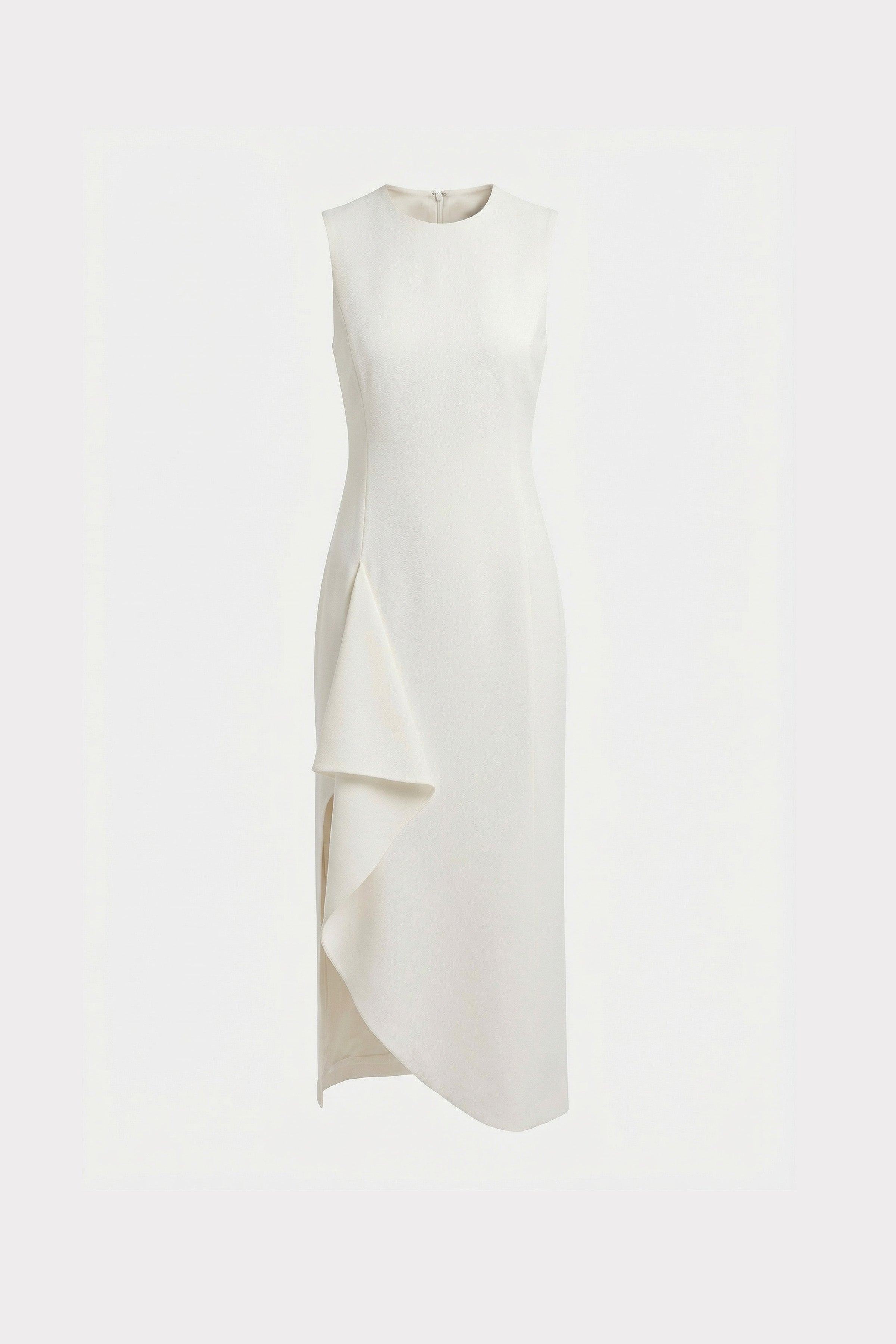 Front view of sleeveless asymmetrical white dress with elegant draped detail.
