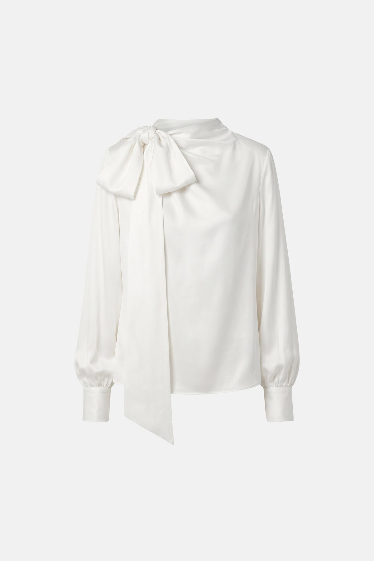 Ivory blouse with bow tie detail, elegant long sleeves, front view.