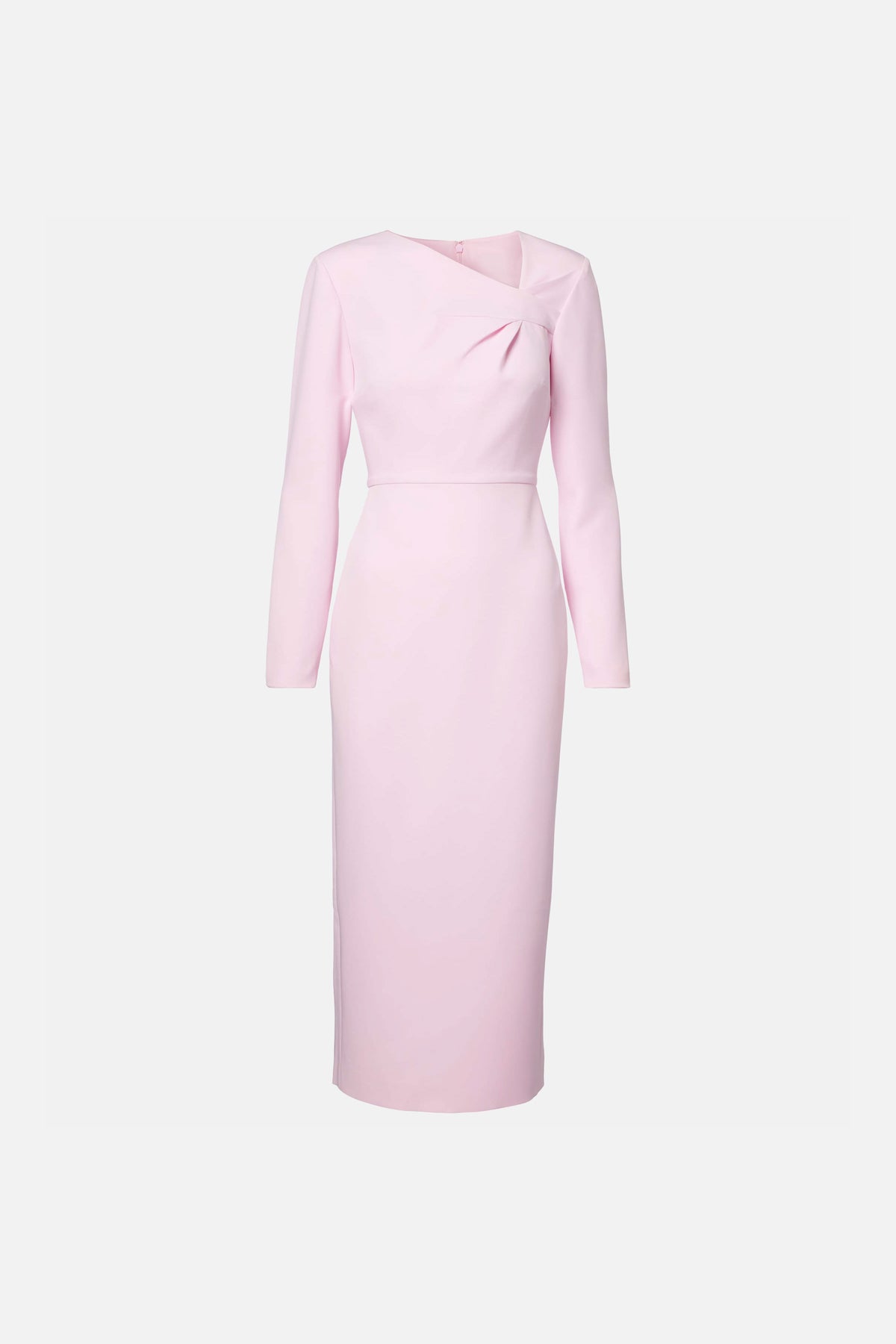 Soft pink asymmetrical dress, long sleeves, front view, sleek and elegant design.