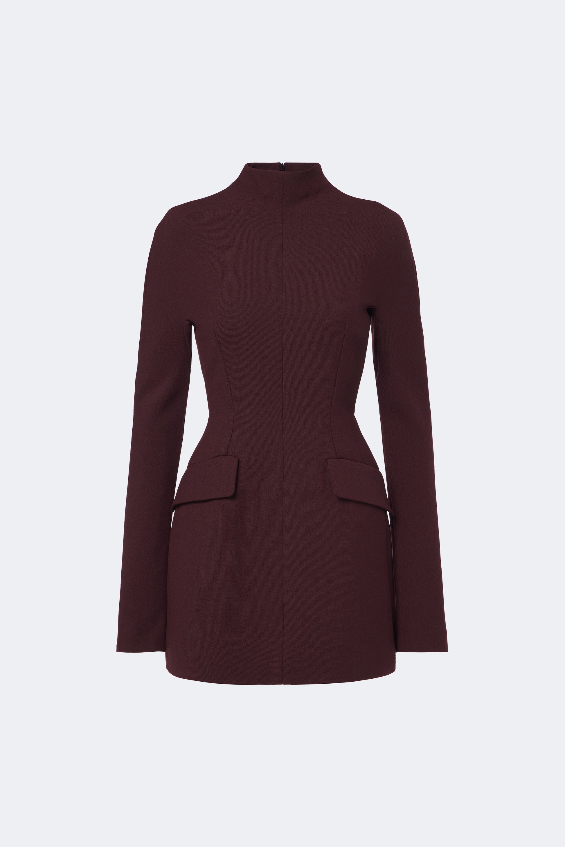 Burgundy structured mini dress, long sleeves, tailored waist, high neckline, two front pockets.