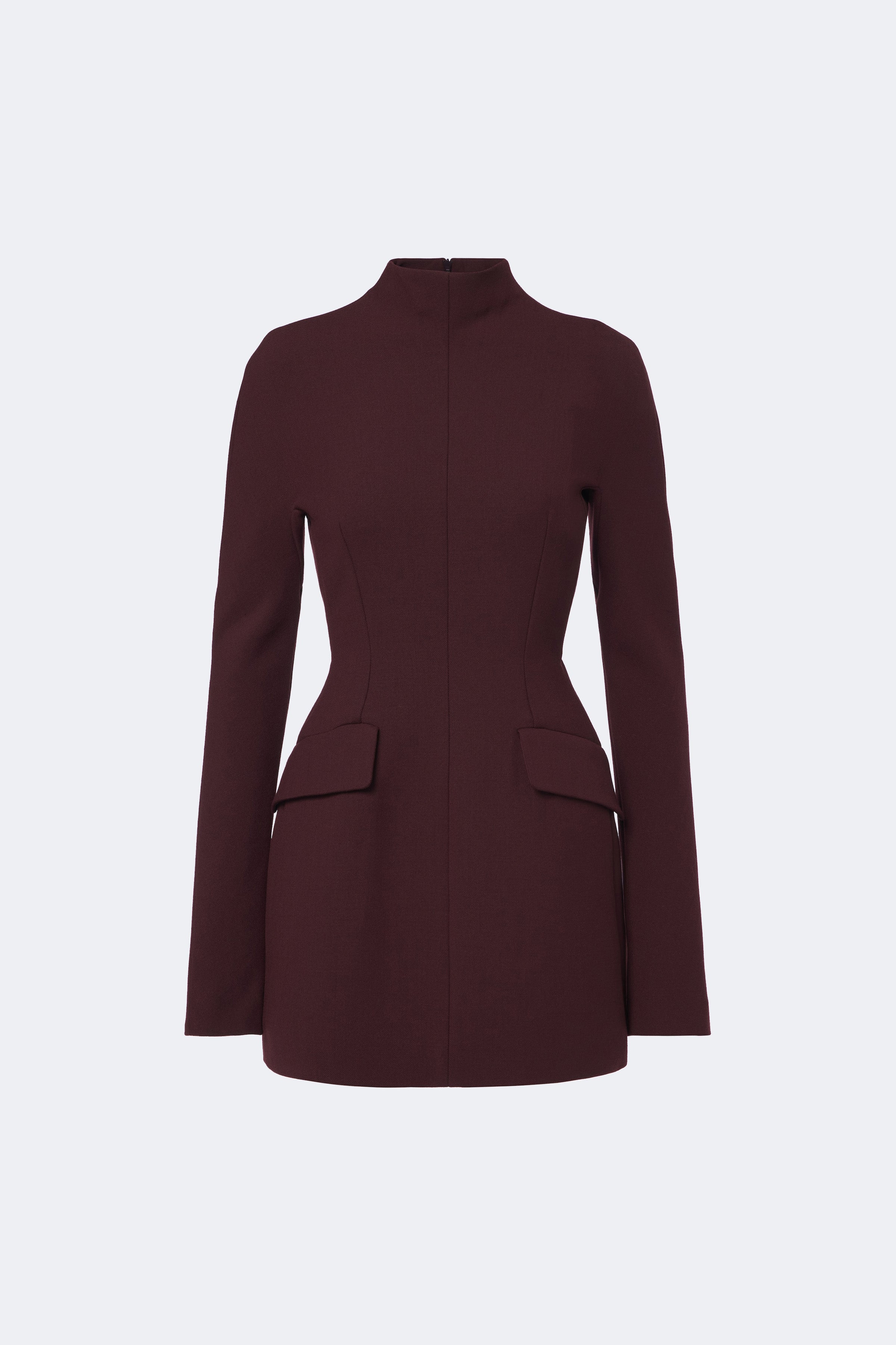 Burgundy structured mini dress, long sleeves, tailored waist, high neckline, two front pockets.