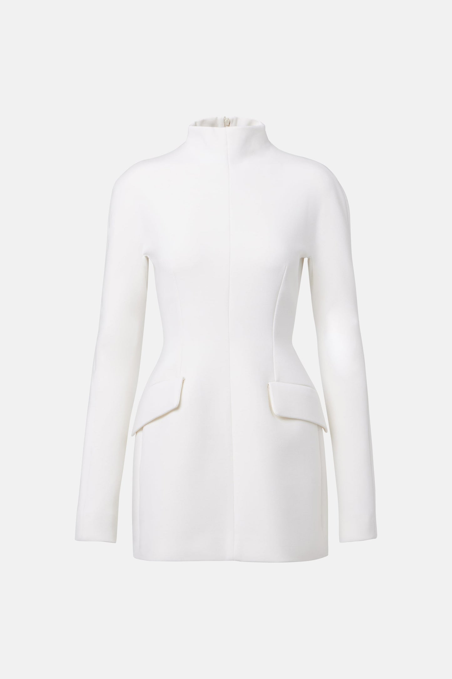 Front view of white structured mini dress with high neckline and pocket details.