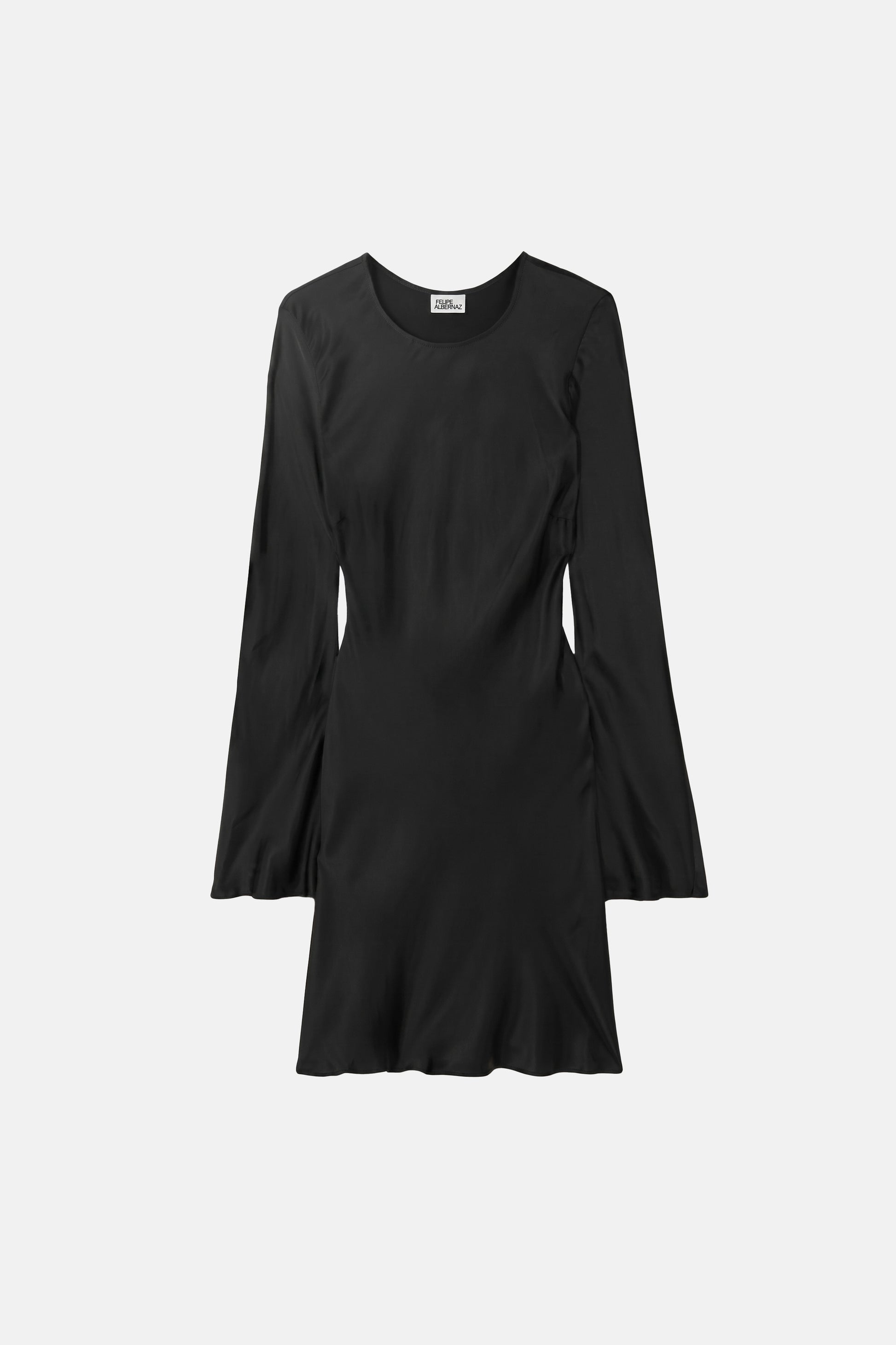 Front view of black satin dress with flare sleeves on white background.