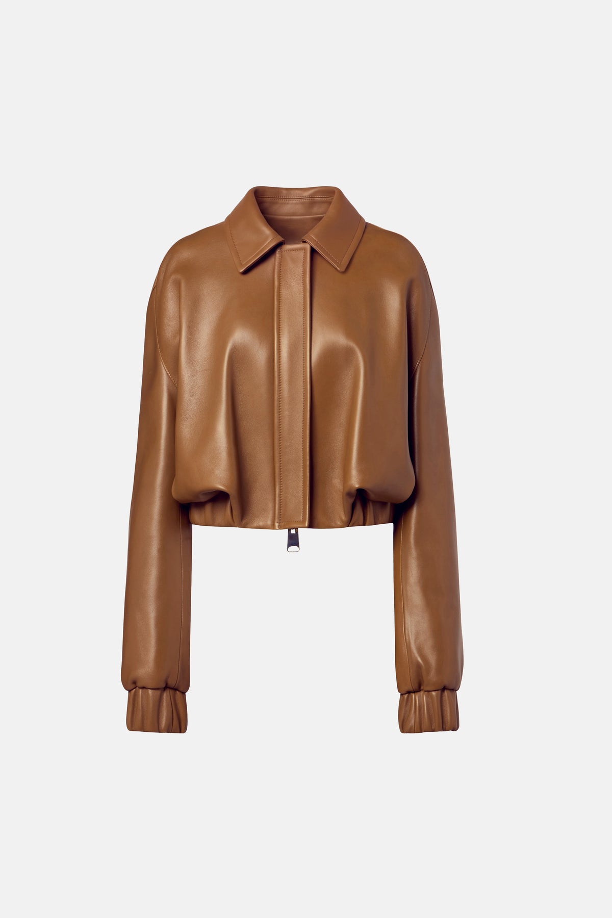 Cognac leather bomber jacket front view with collar and zip detail displayed.