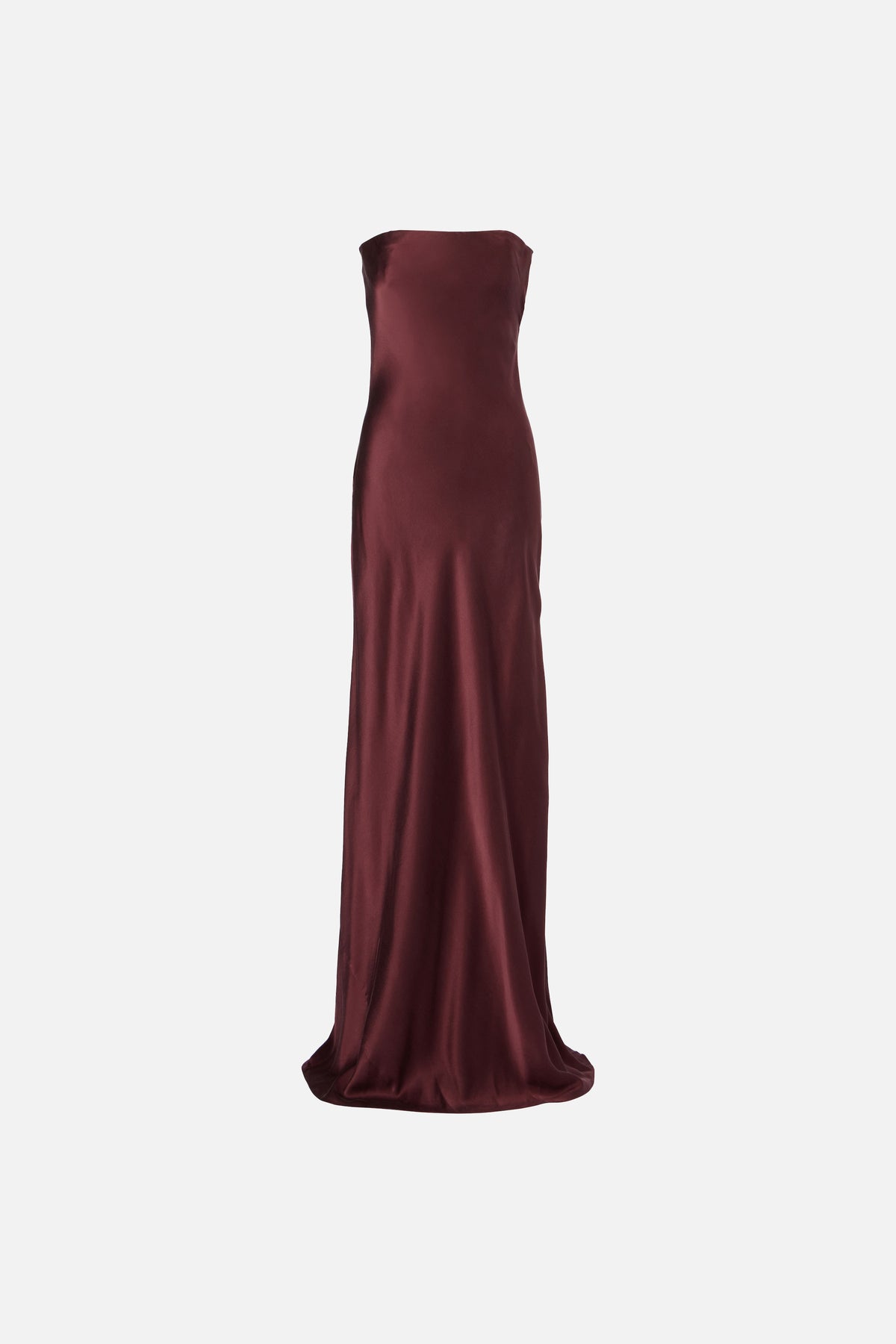 Front view of burgundy strapless gown with elegant, flowing silhouette.