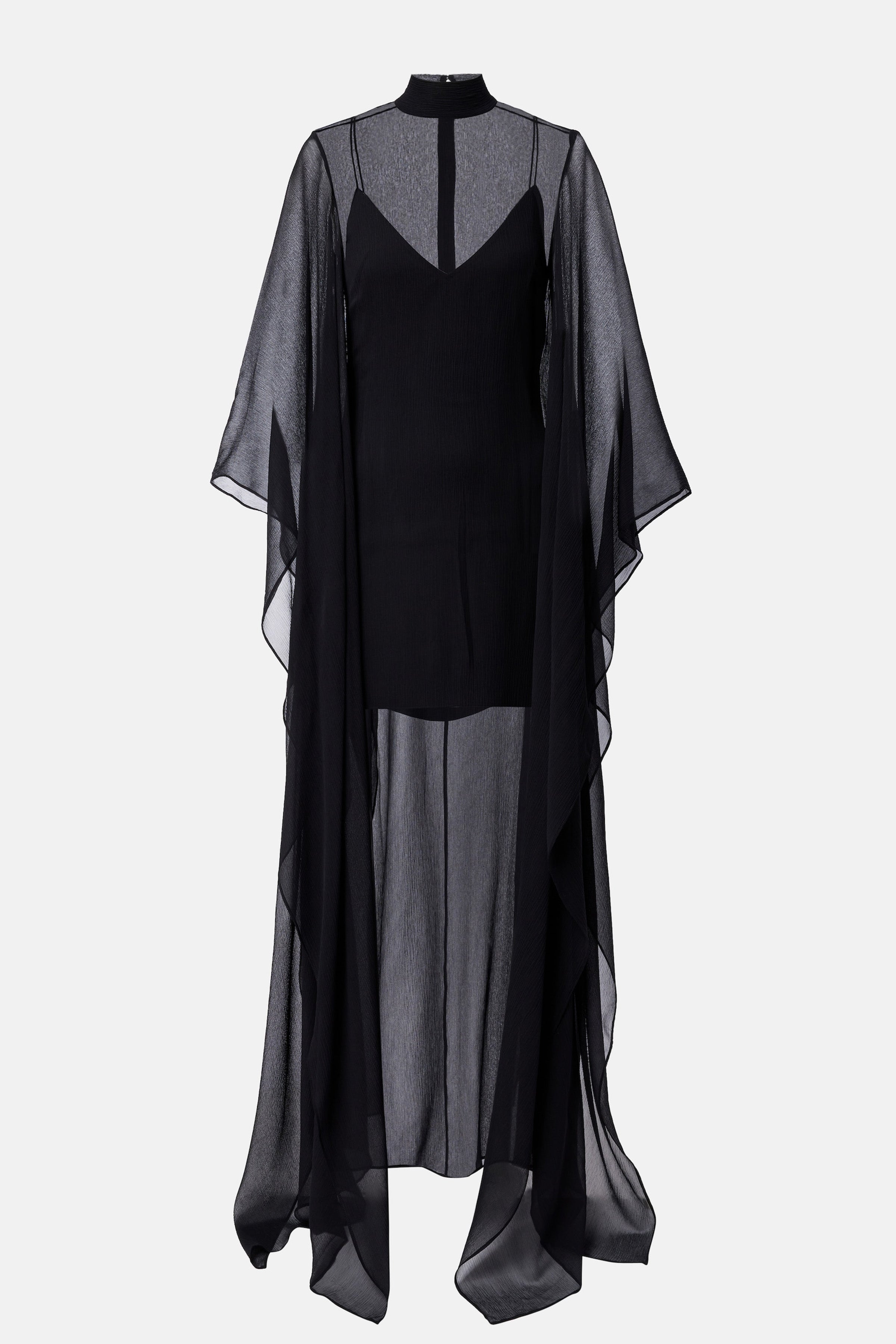 Black sheer chiffon overlay gown, full-length view