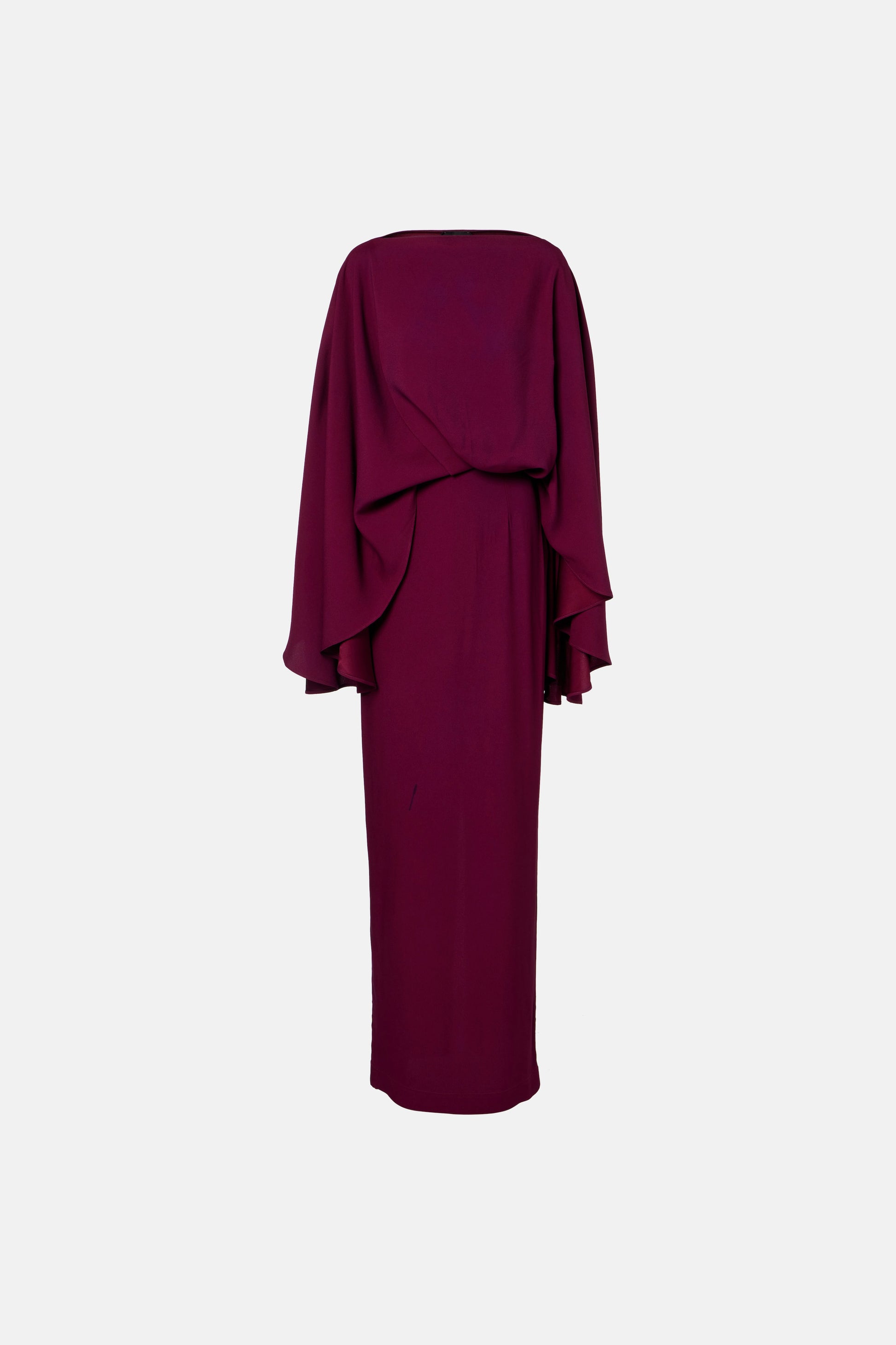 Burgundy draped gown with elegant slit, front view, flowy sleeves, classic style.