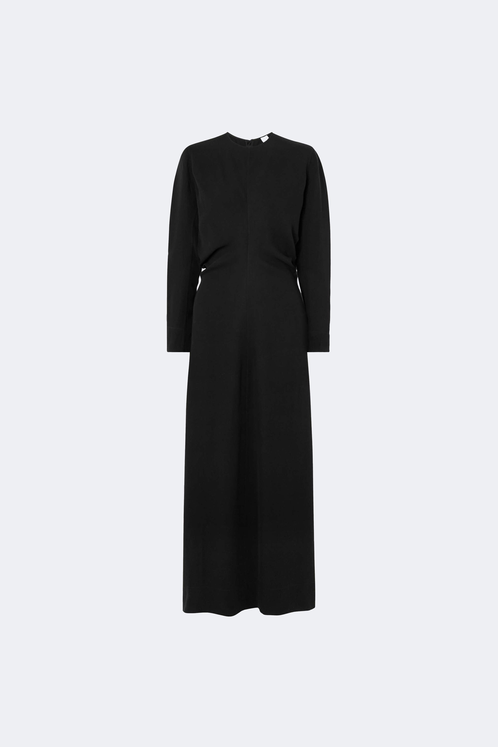 Front view of a black long sleeve maxi dress on white background.