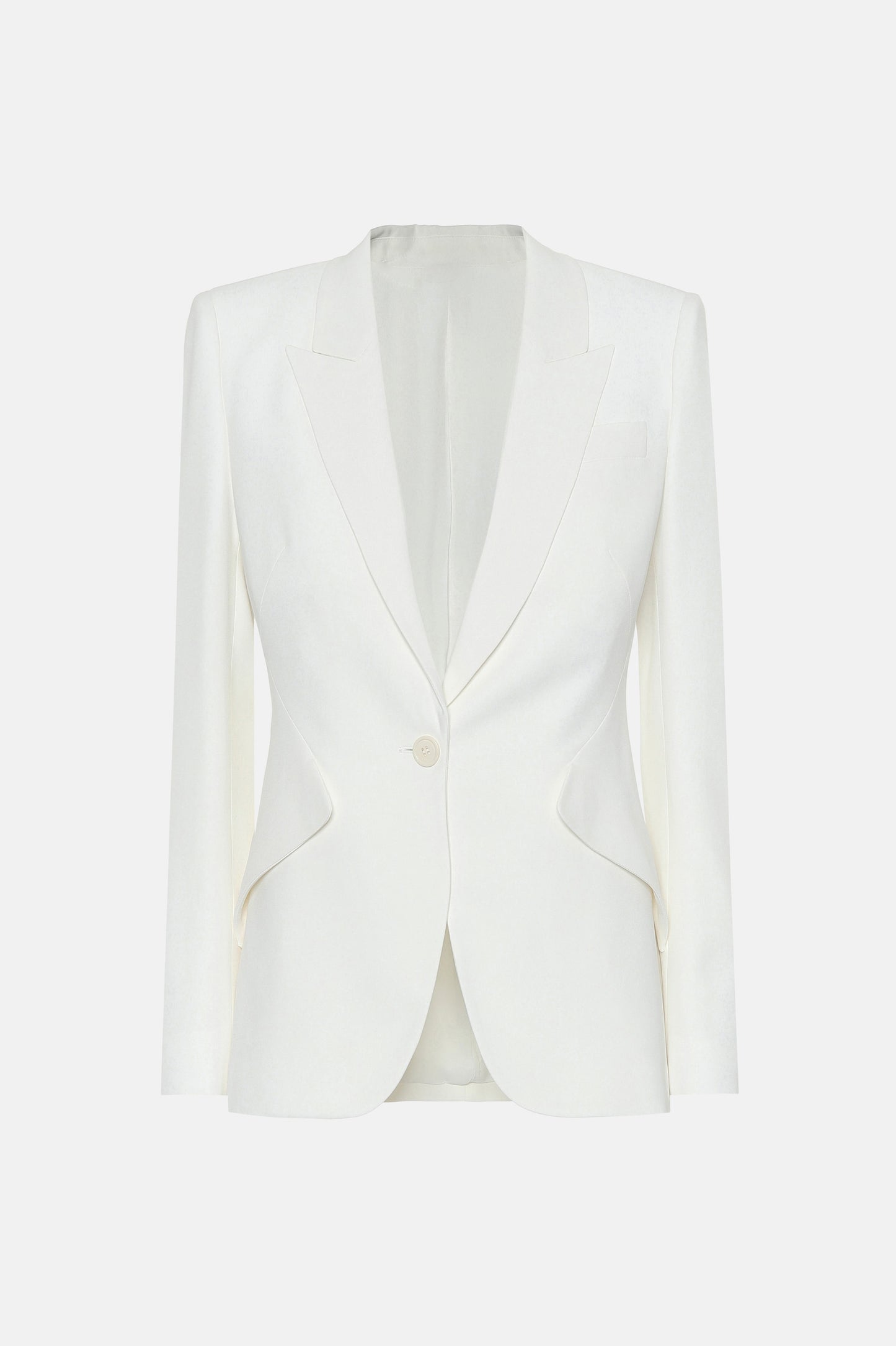 Ivory tailored blazer, front view, single button, notched lapel, side seam detailing.