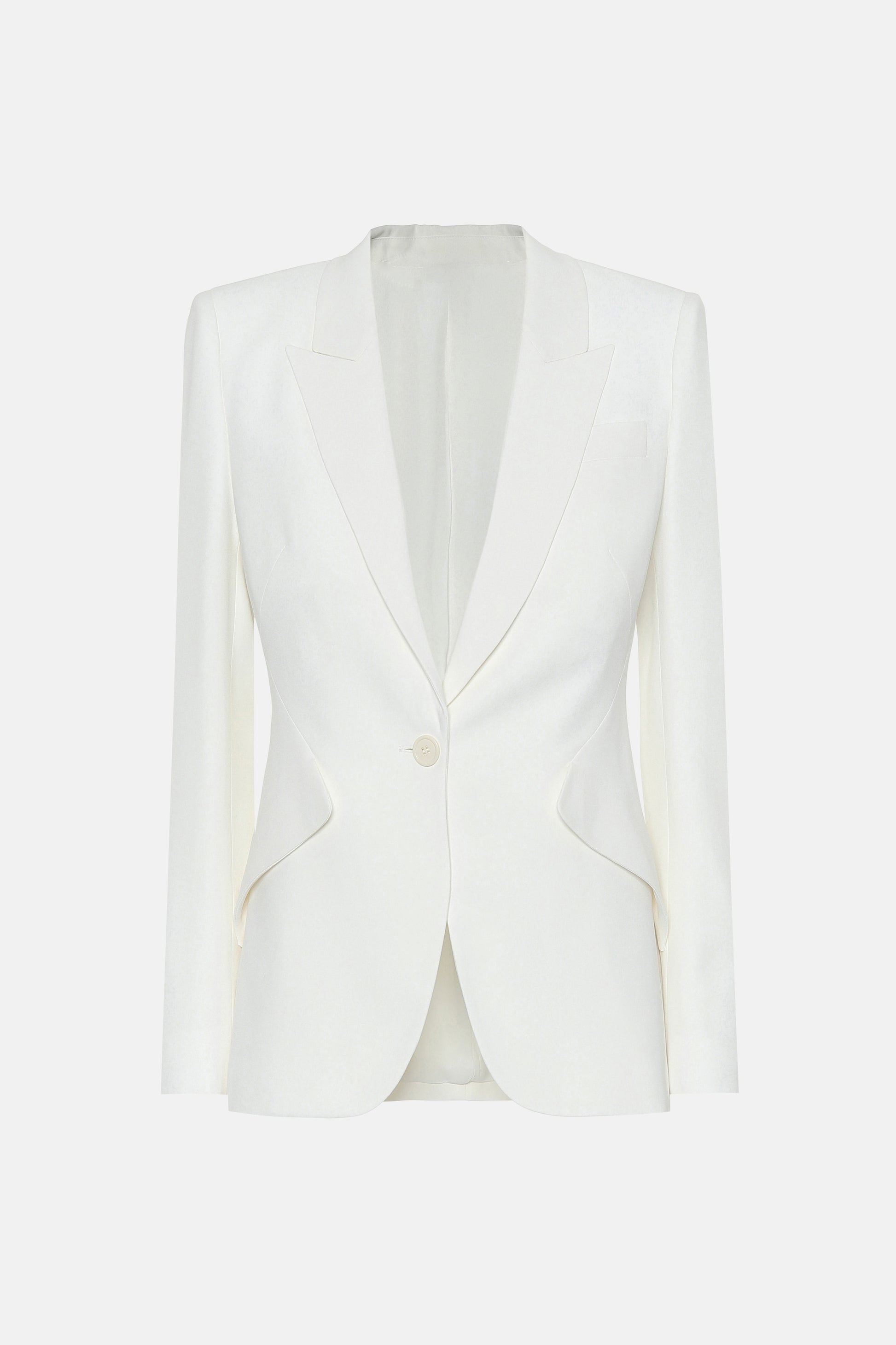 Ivory tailored blazer, front view, single button, notched lapel, side seam detailing.