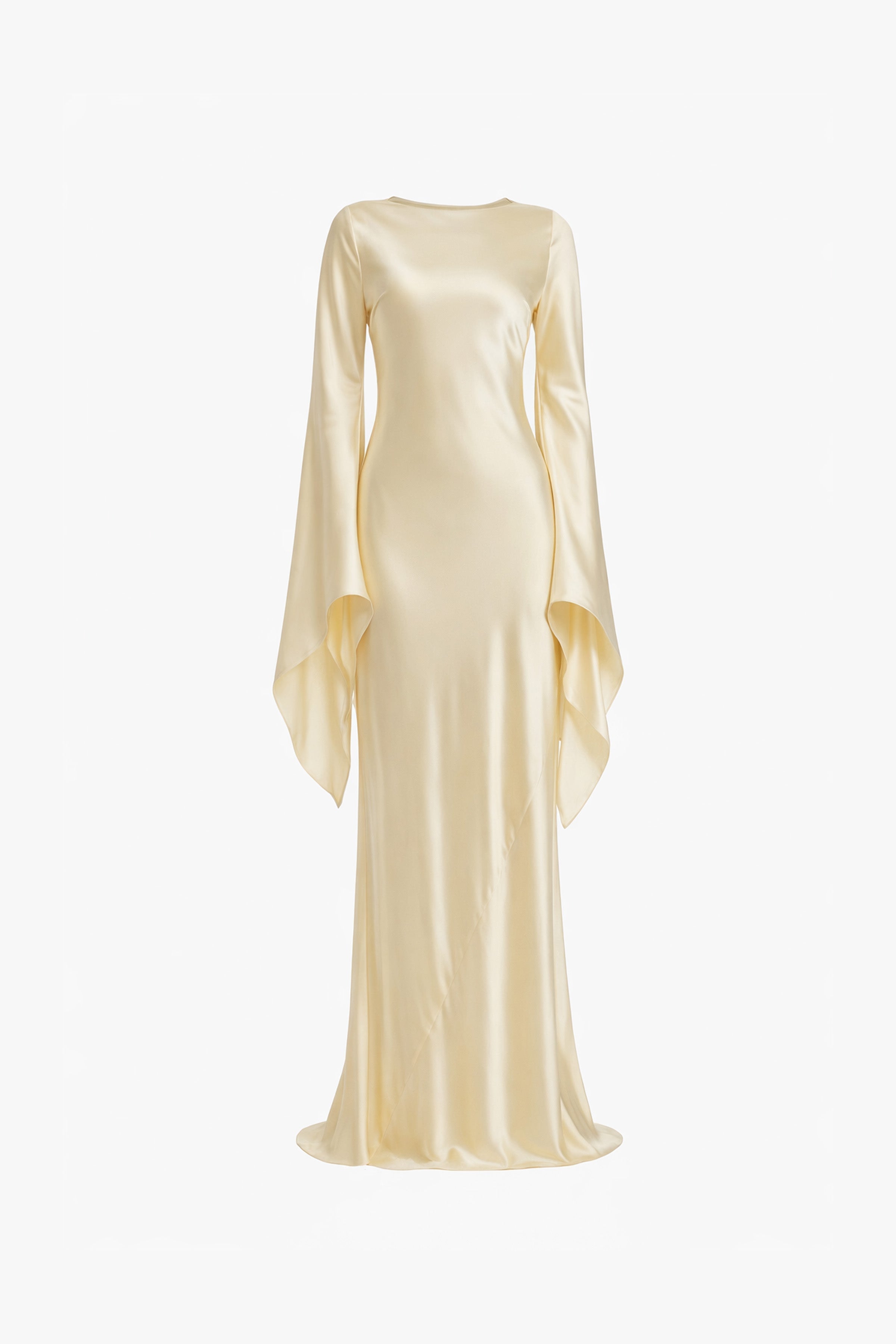 Golden silk gown, front view, long flowing sleeves, elegant and luxurious design.
