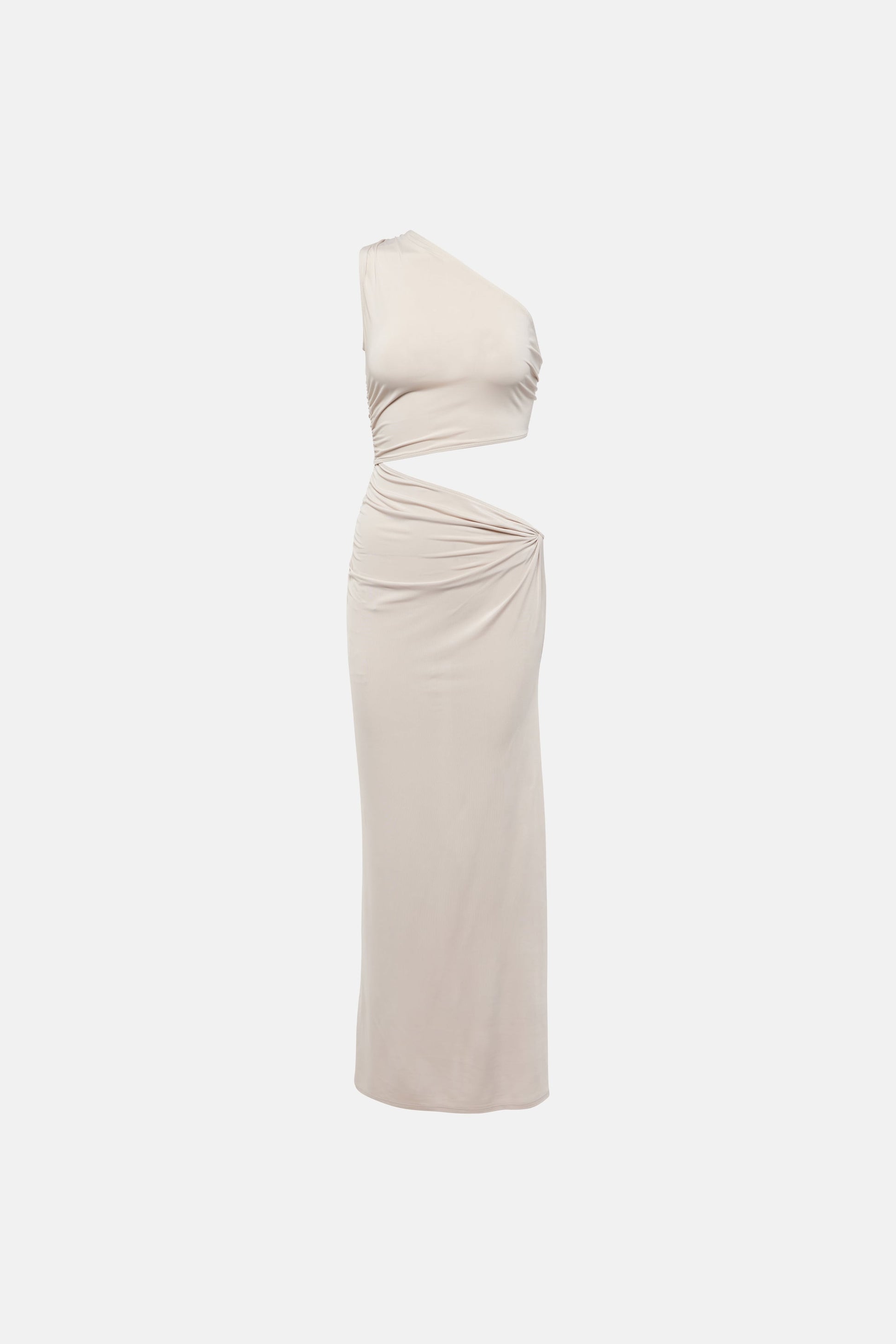 Front view of a beige asymmetric cutout maxi dress on white background.
