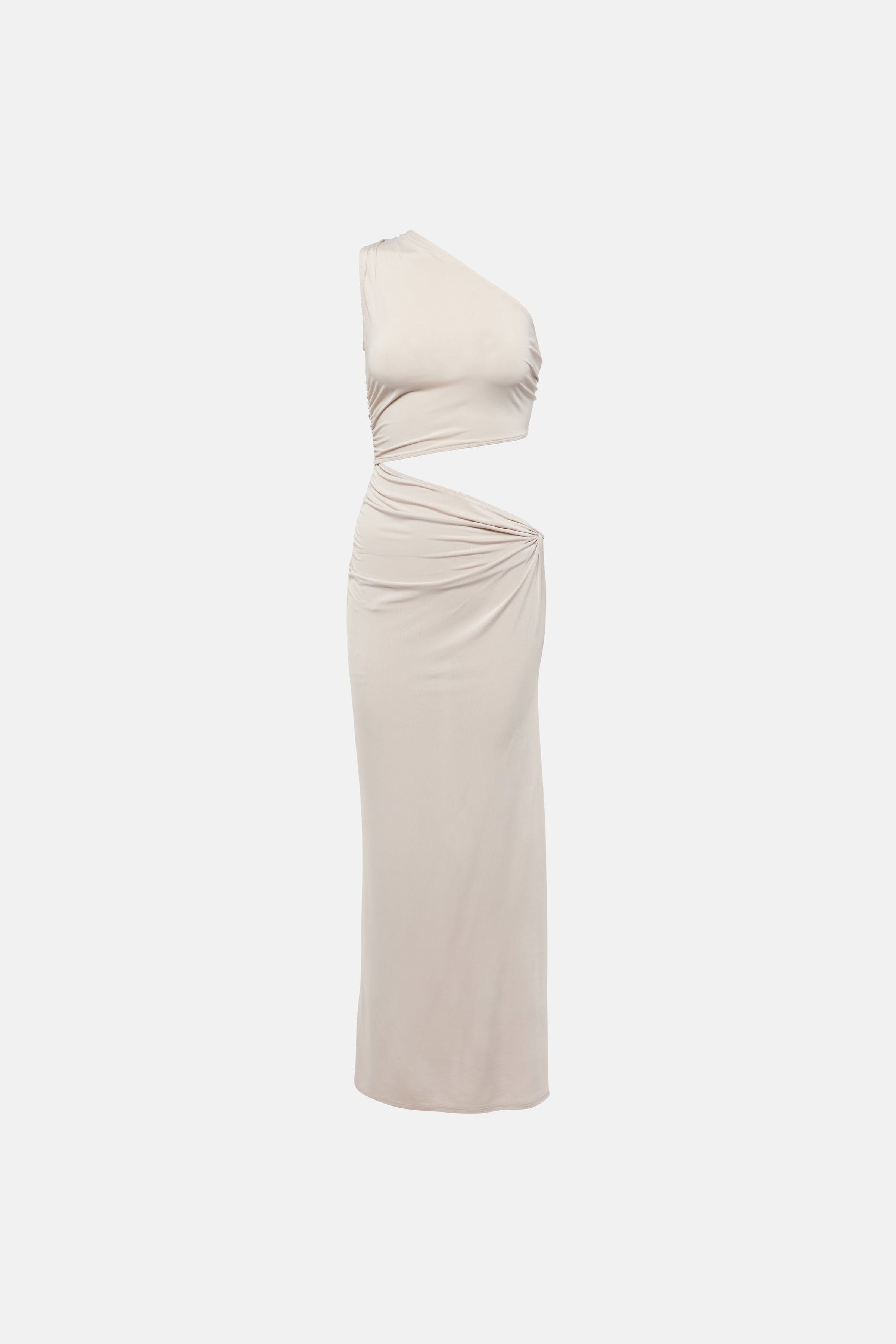 Front view of a beige asymmetric cutout maxi dress on white background.