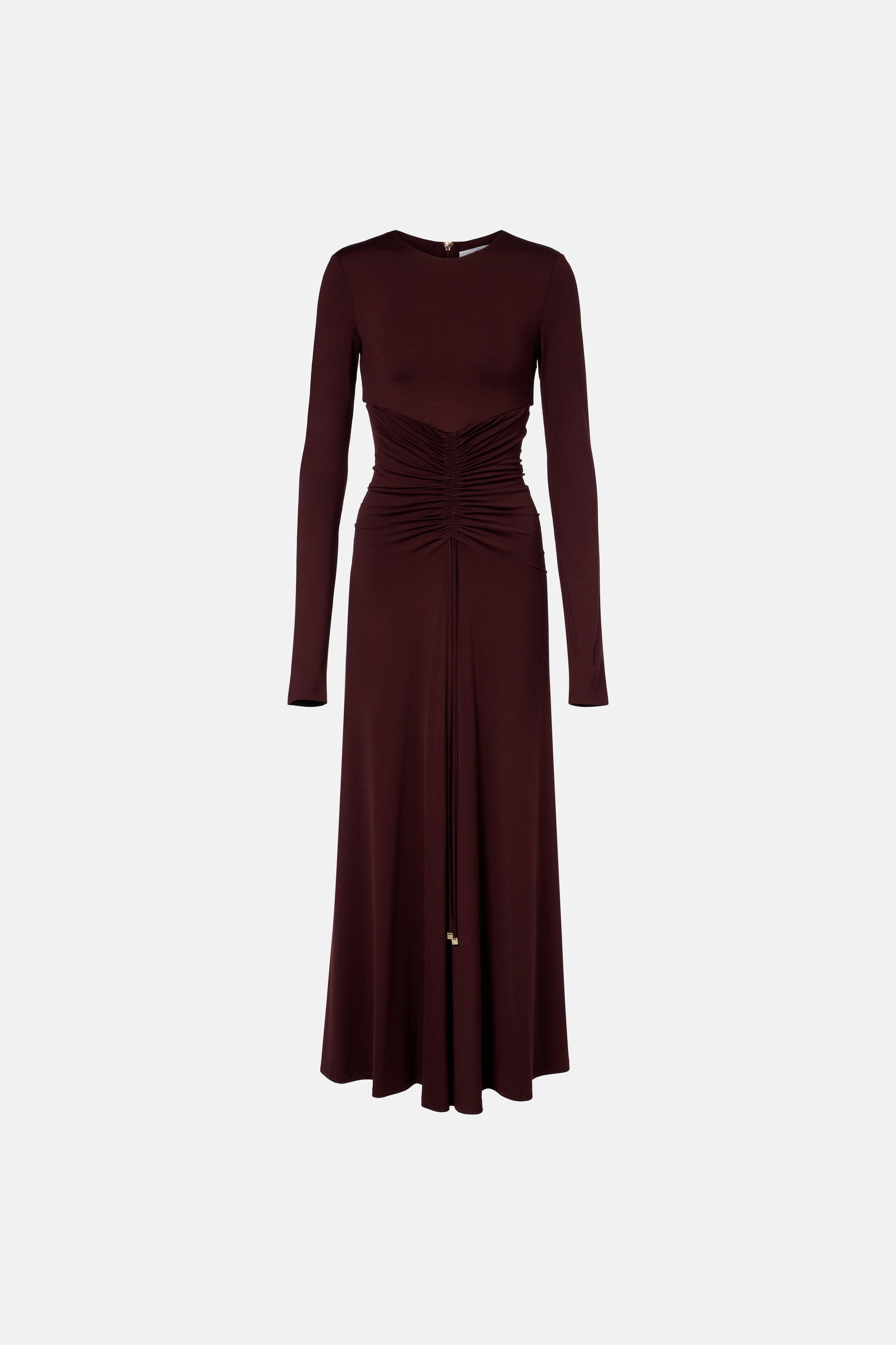 Burgundy dress, ruched front detail, long sleeves, mid-length, front view.