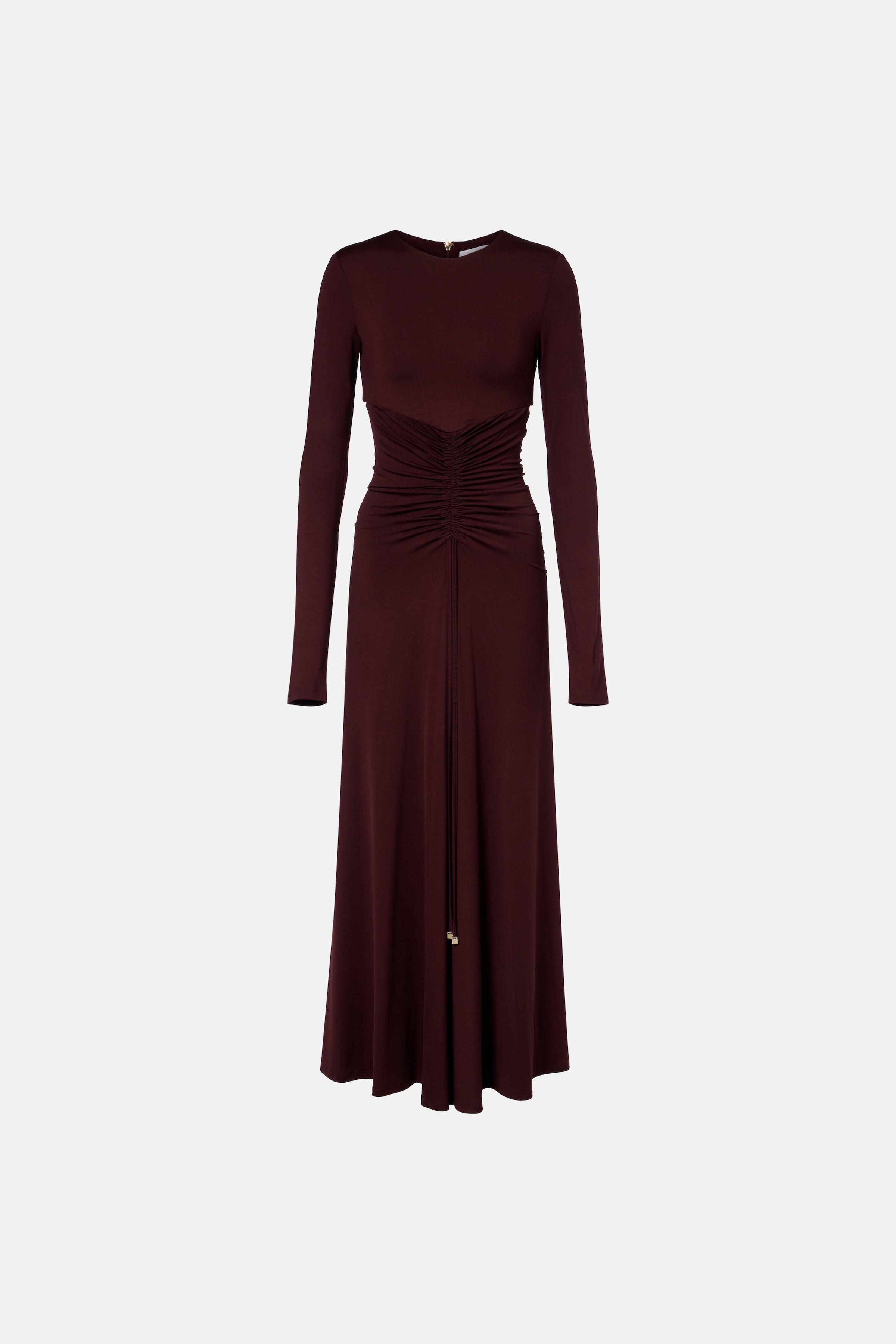 Burgundy dress, ruched front detail, long sleeves, mid-length, front view.