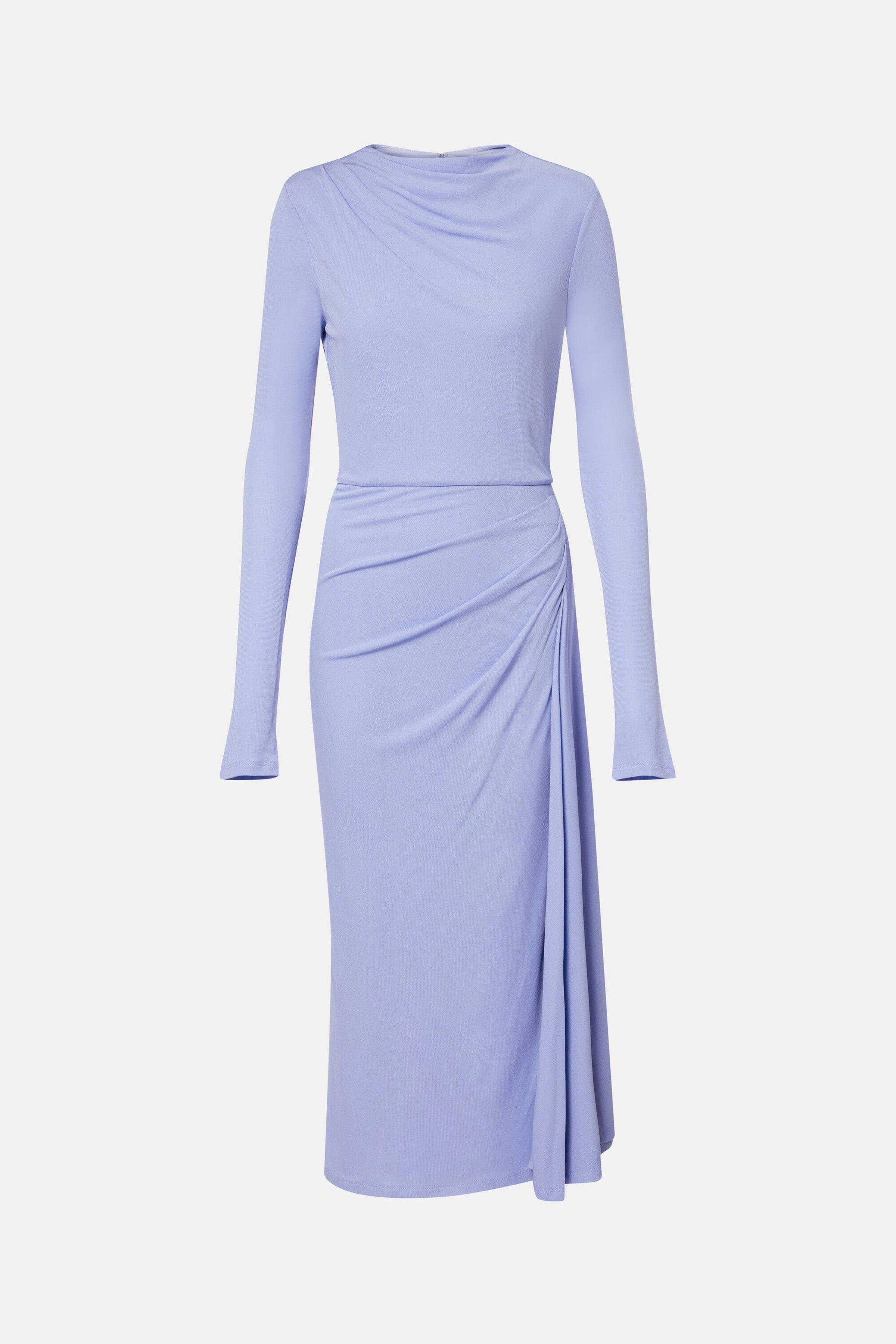 Sky blue draped midi dress with long sleeves and subtle side gathering detail.