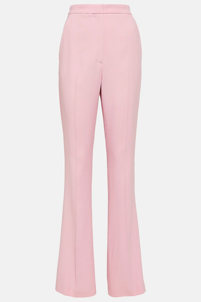 Pastel pink women’s trousers with fitted waistband and bell-bottom silhouette.