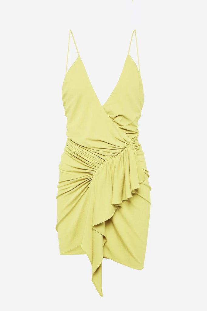 Christine Shirred Mini Dress in yellow featuring a stylish asymmetrical ruffle design.