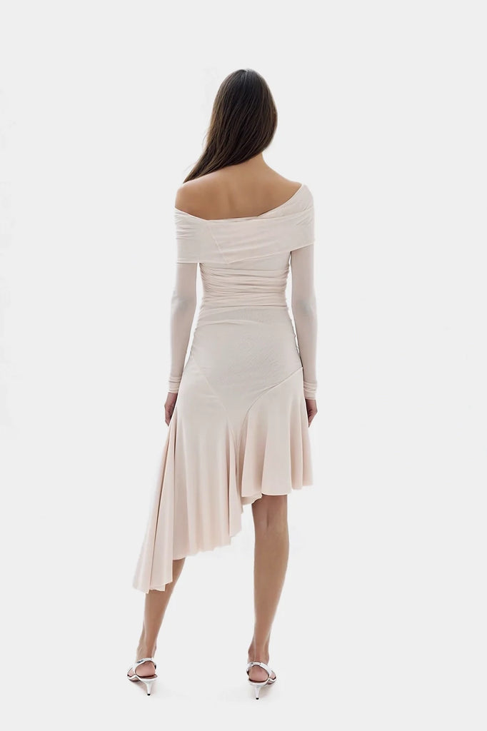 Angelina Stretch Tulle Asymmetric Dress in pink with a unique neckline.