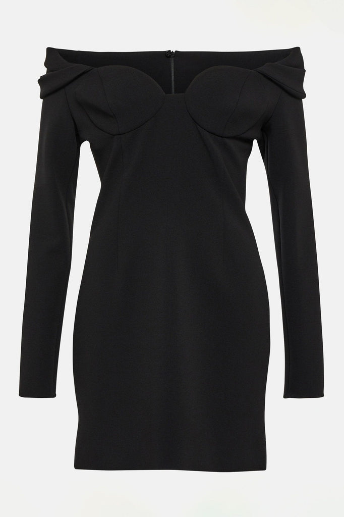 Stylish off shoulder black mini dresses with long sleeves.