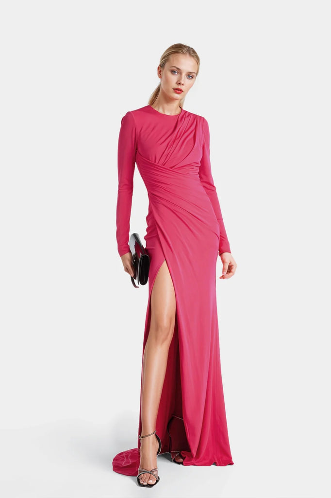 Isabella Long Draped Fuchsia Dress with elegant draping and side slit.