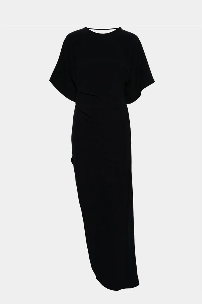 Elegant fitted maxi dresses featuring short dolman sleeves and a round neckline.