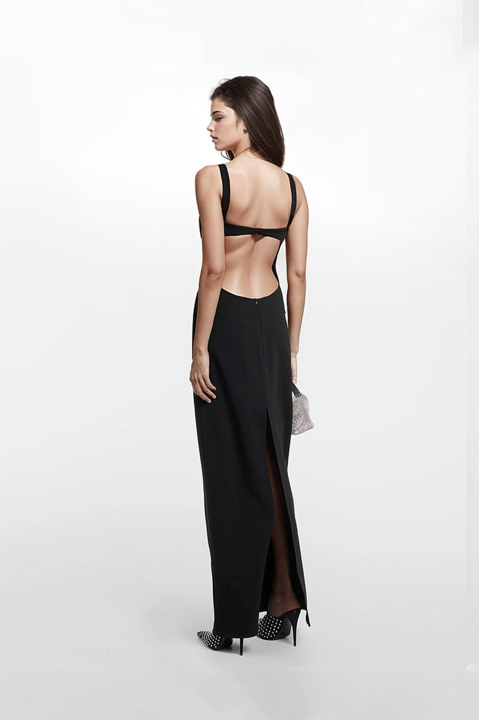 Designer black maxi dresses crafted from polyester crepe for a luxurious feel.