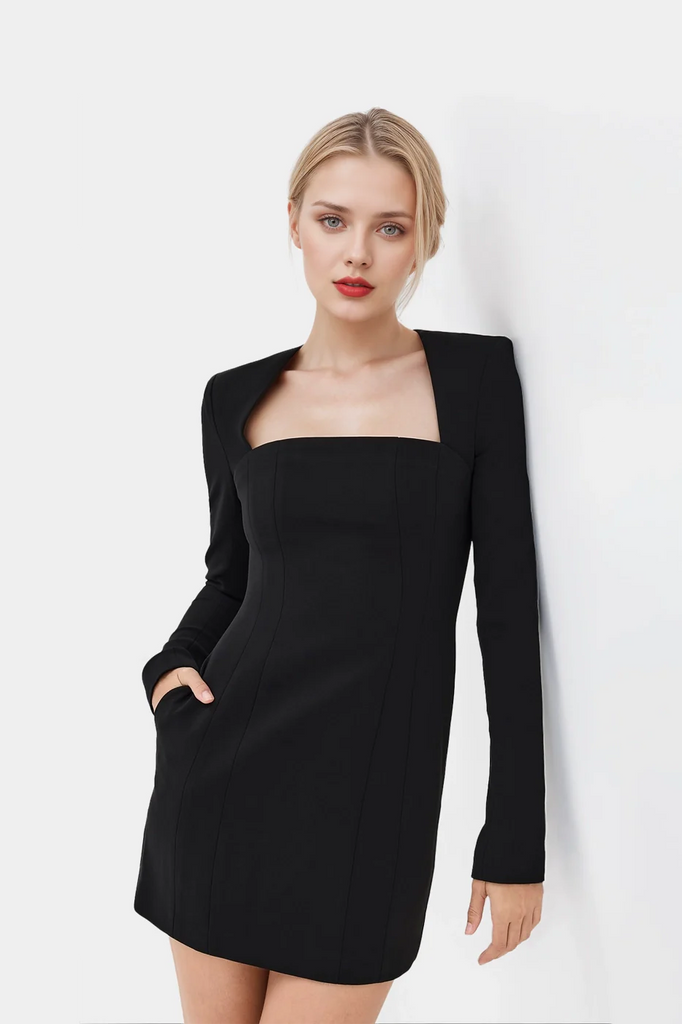 Chic black minidress with long sleeves and on-seam pockets, crafted from comfortable low-stretch crepe.