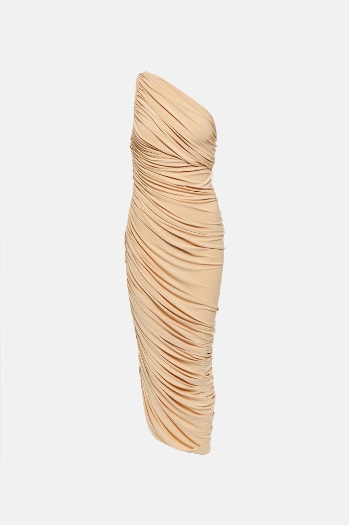 Elegant one shoulder midi dresses in beige fabric.