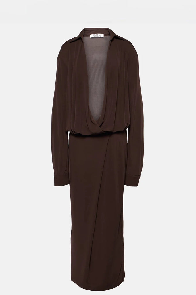 Brown Carol Wrap Dress with draped skirt and V-neckline.