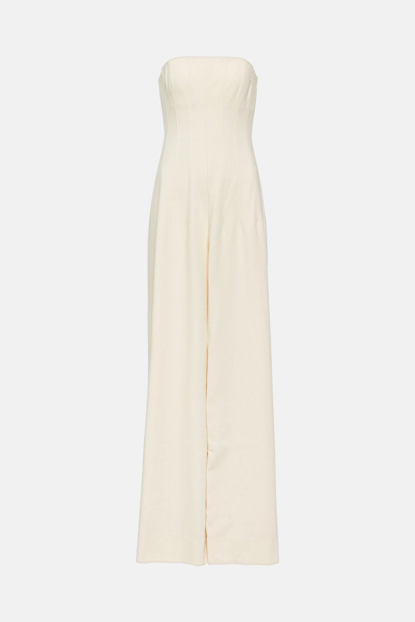 Elegant strapless off white jumpsuit with wide legs.