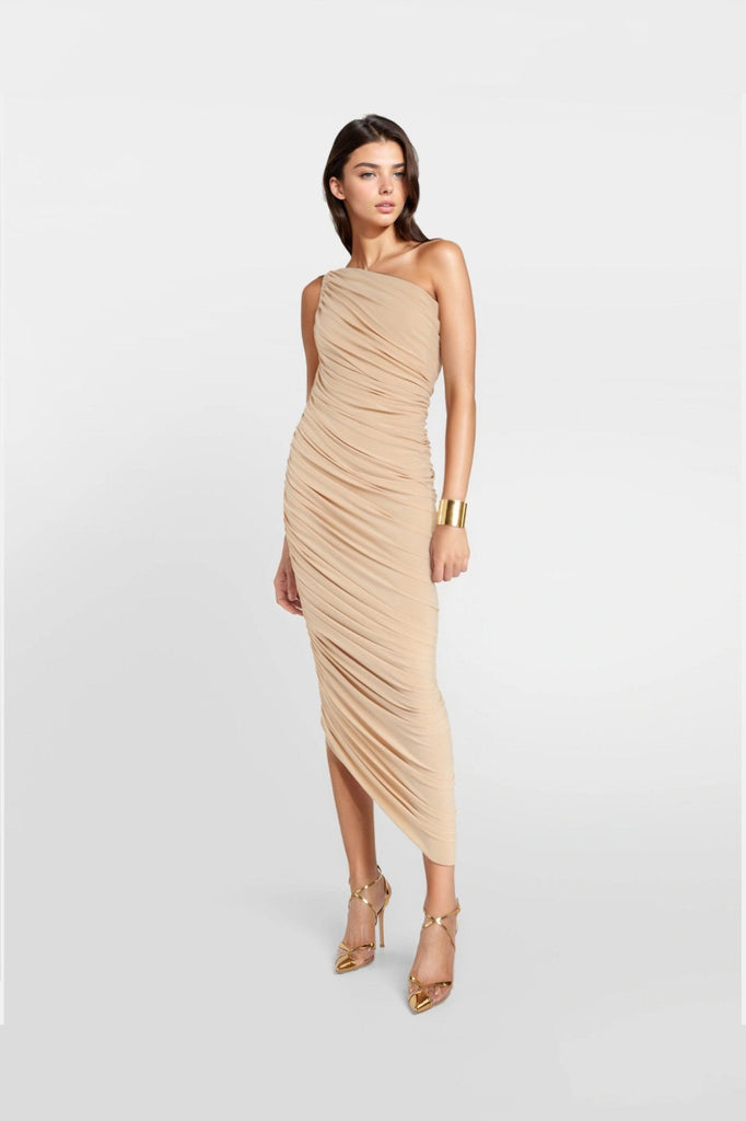 Stylish beige midi dresses with a fitted silhouette.