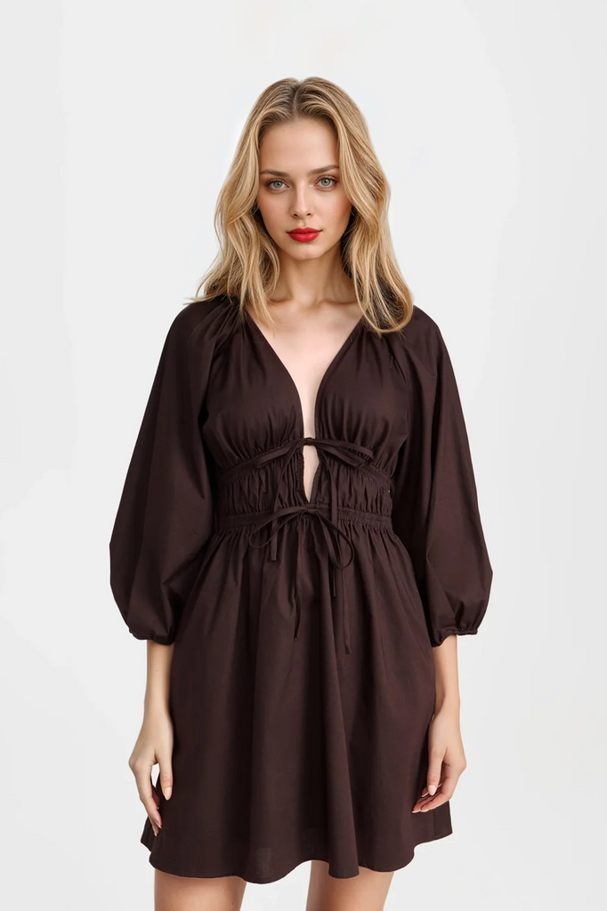 Lia Ruched Minidress in brown with a flattering V-neckline and decorative ties.