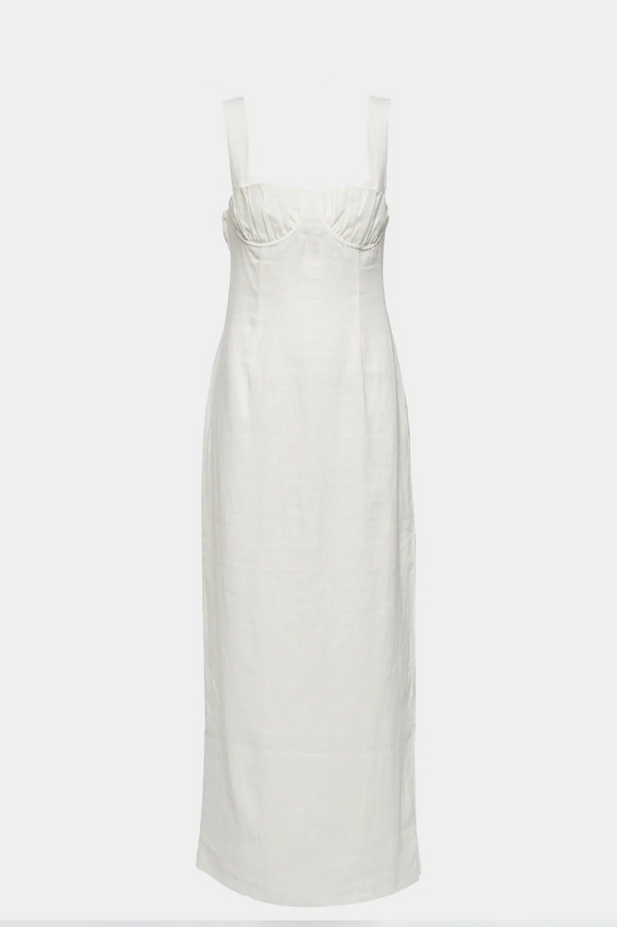 Lucy Linen Midi Dress in off-white featuring a draped bustier design for an elegant look.