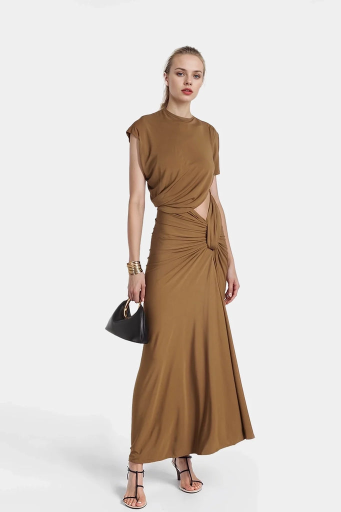 Luna Twisted Lever Jersey Maxi Dress in brown with a stylish cutout design.