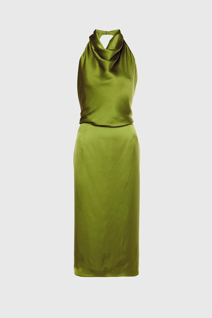 Elegant fitted midi dresses with a back zip closure crafted from silk satin.