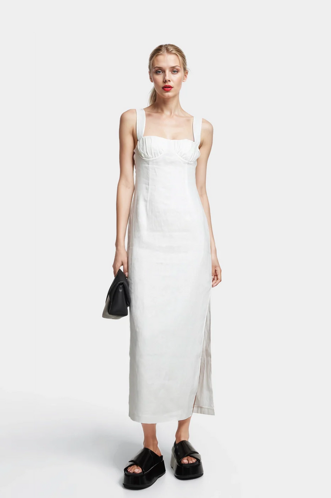 Lucy Linen Midi Dress in off-white featuring a draped bustier design for an elegant look.