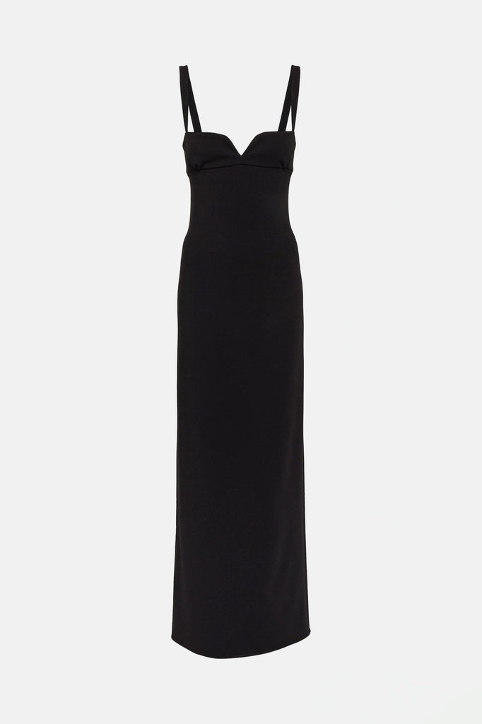 Open back black maxi dresses featuring a square neckline and elegant silhouette.