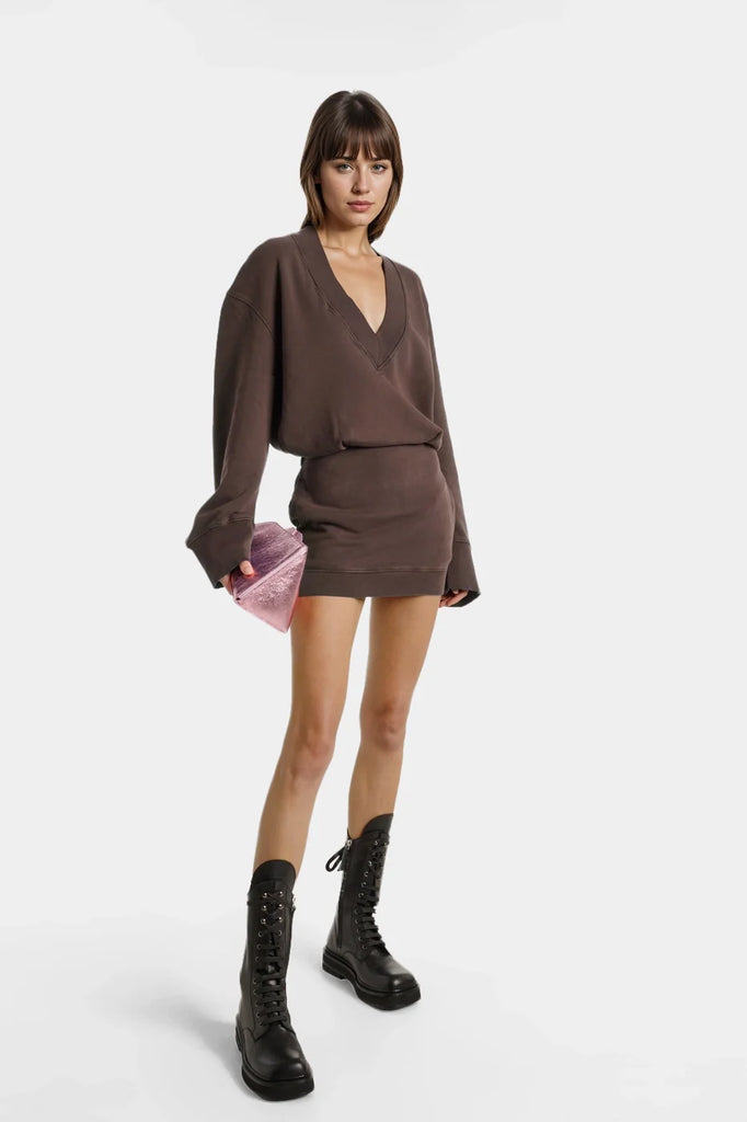 Alice Organic Cotton Fleece Minidress in brown featuring a flared design and V-neckline.