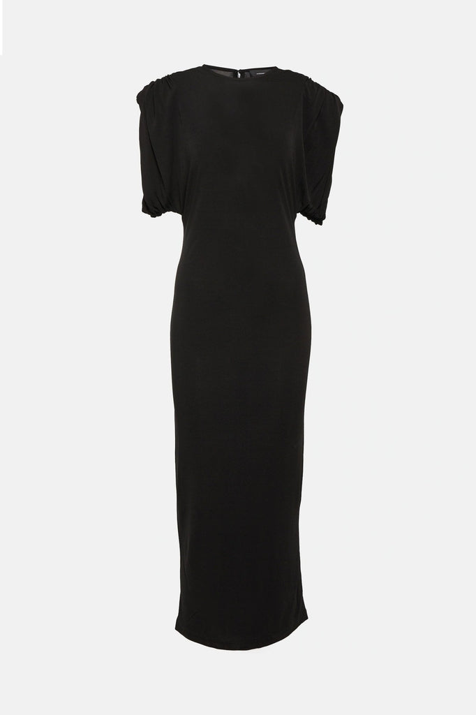 Elegant black ruched jersey midi dresses with fitted silhouette.